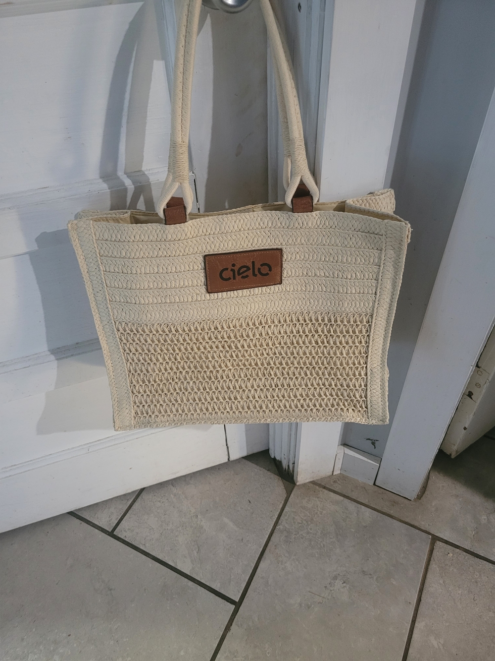 Cielo Cream Woven Tote with Brown Logo Patch